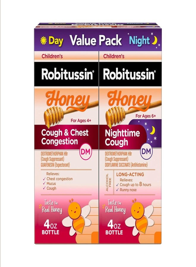 Robitussin Children’s Honey Cough and Chest Congestion DM and Children's Robitussin Honey Nighttime Cough DM, Value Pack of Children's Cough Medicine - 2 x 4 Fl Oz Bottles - Image 1